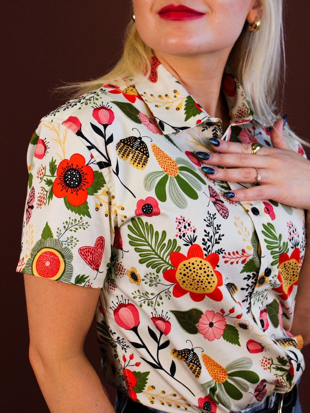 Hemloya Satin Simone Top - Retro Garden
